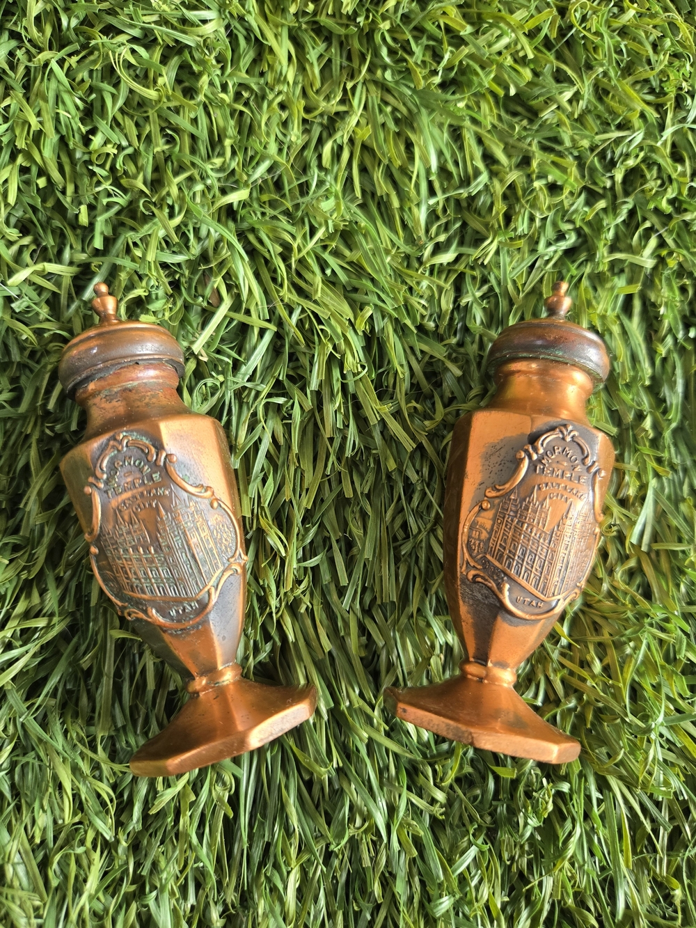 Vintage Copper-Tone Embossed Salt and Pepper Shakers